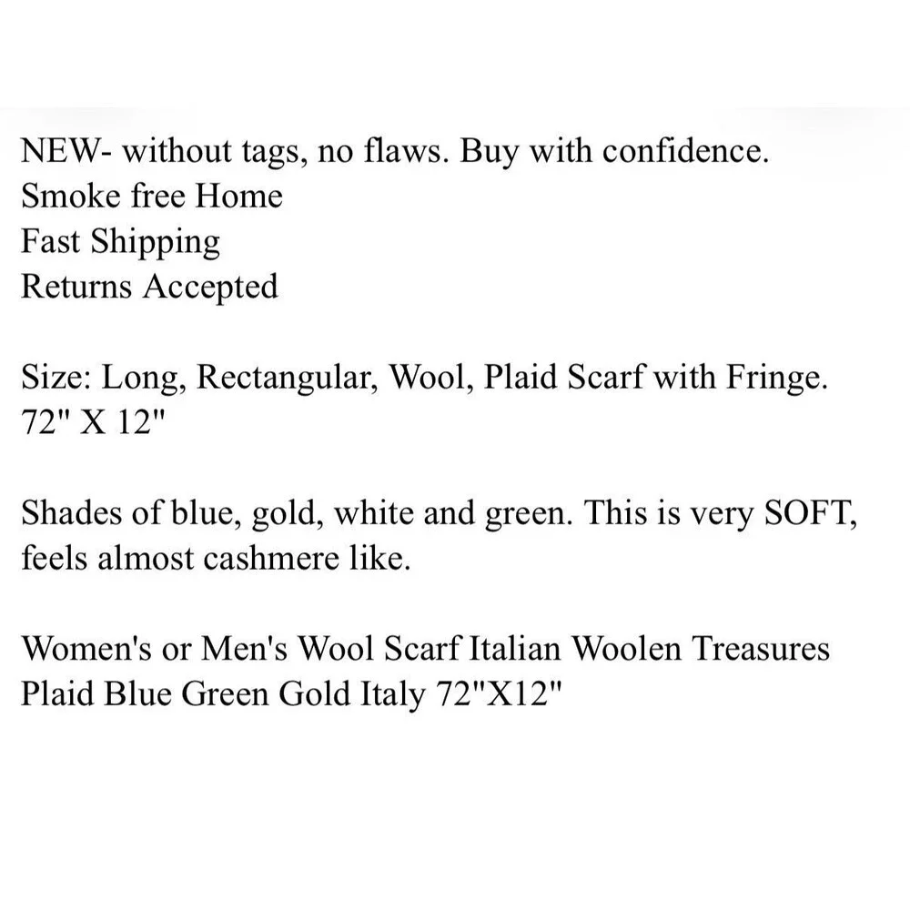 Unisex Wool Scarf Italian Woolen Treasures Plaid Blue Green Gold Italy 72